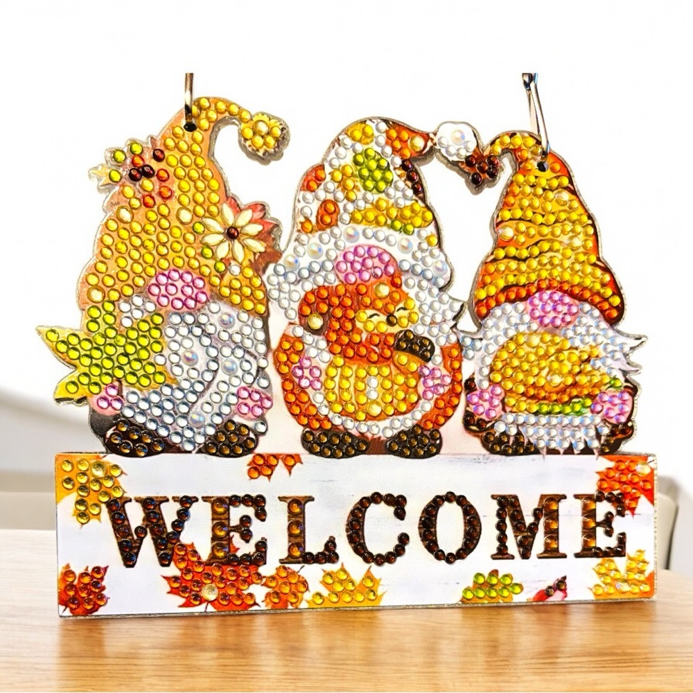 Gnome Welcome Fall Hanging Wall Decor Hand Crafted Sealed Diamond Art - Picture 2 of 3
